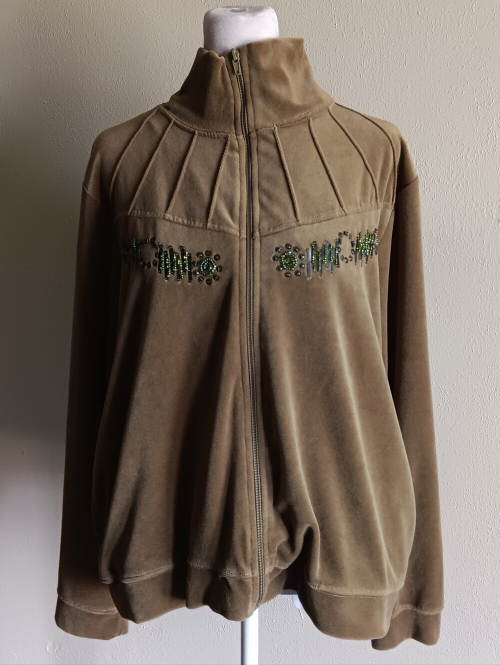 Moss Green Velvet Full Zip Beaded Jacket W/ Pockets, Mirror Image Size Large